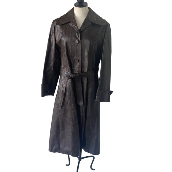 Imperial Vintage Womens Trench Coat Size 10 Brown Glossy Leather Belted - Picture 11 of 13